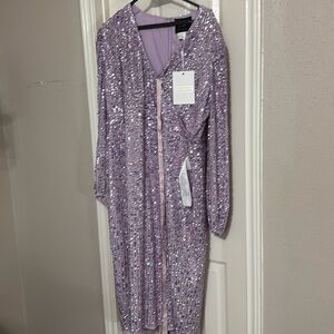 Purple Sequined Illusion Puff Sleeve V Neck Midi Dress